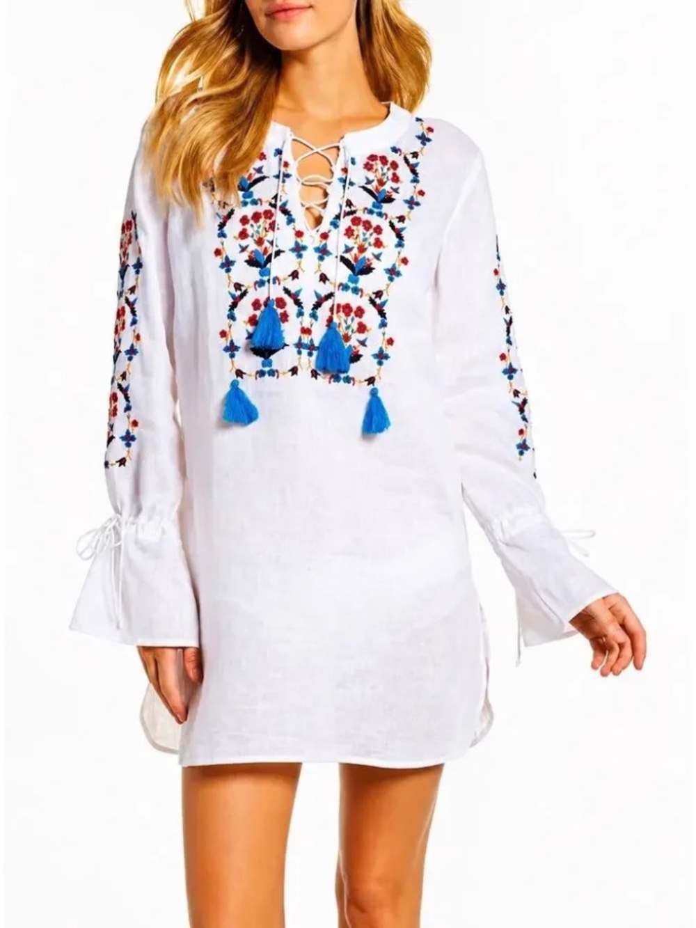 NWOT Tory Burch Linen Baja Embroidered Tunic Cover-up Bell Cuffs Generous Medium
